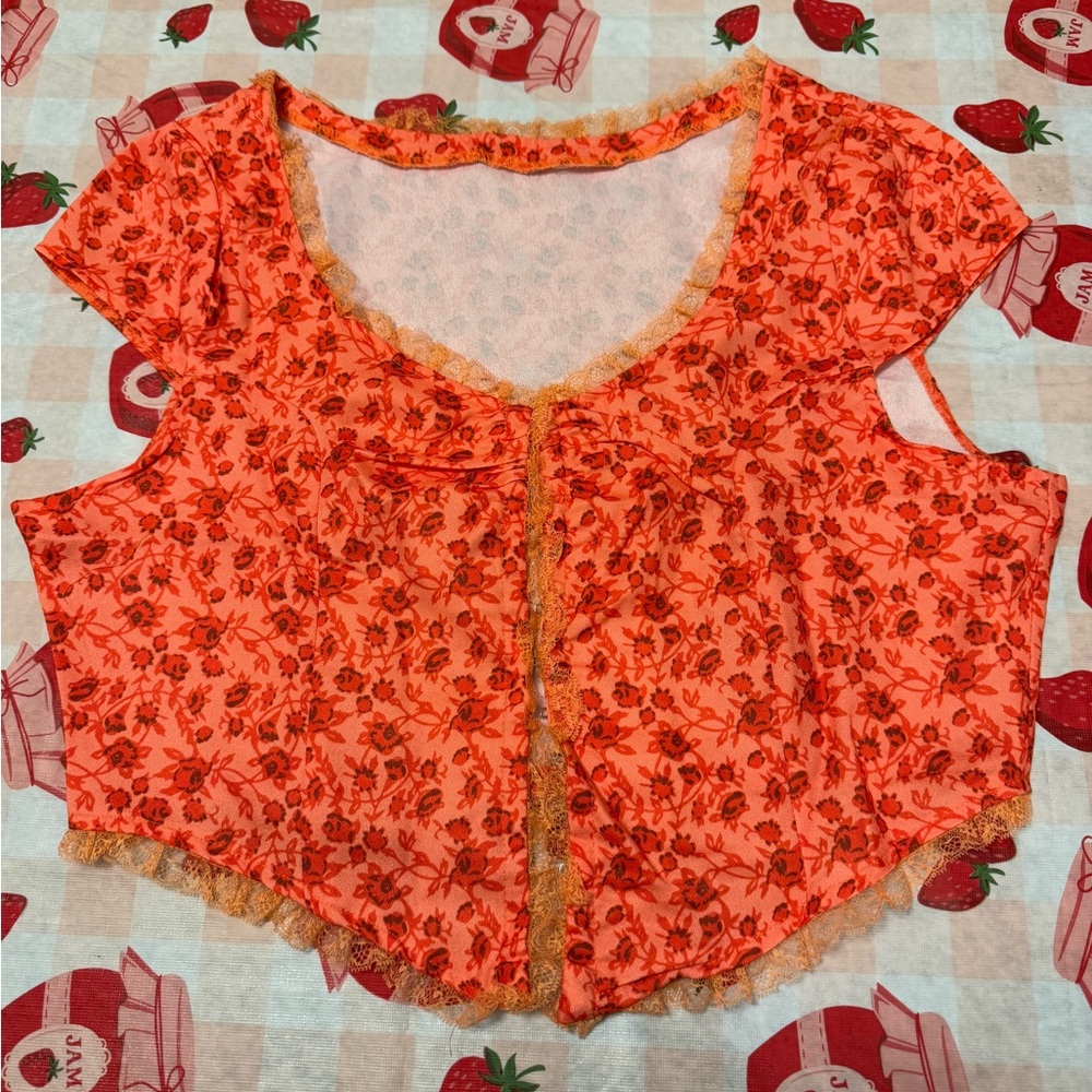 Vibrant Orange Cap Sleeve Crop Blouse floral